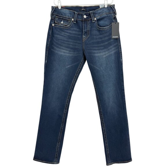 True Religion Men Ricky Stretch Relaxed Straight Big T Flap Blue Jeans 34x34 NWT - Picture 1 of 13